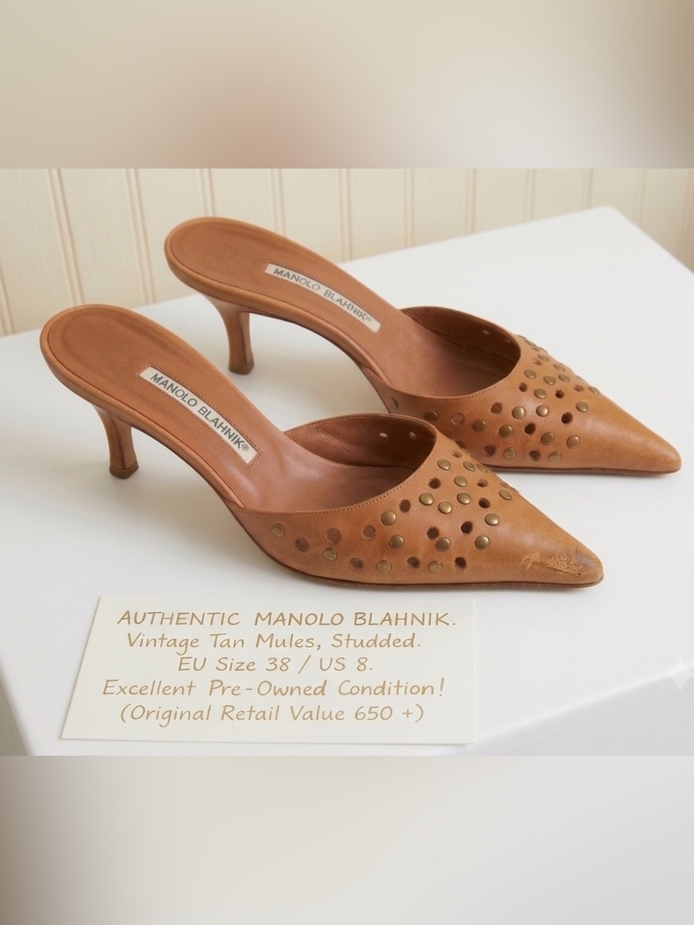 Vintage Y2K luxury Manolo Blahnik Kitten Heel Cognac Leather Pointed Stud Mule